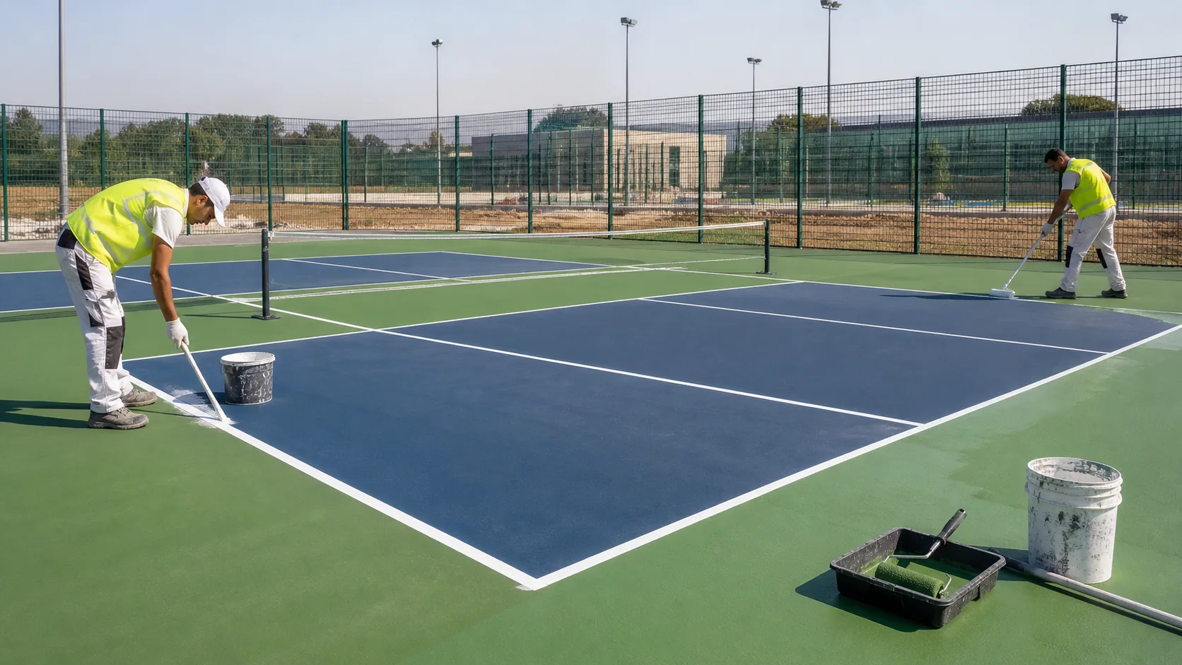 Instaladores pintando las líneas y el pavimento de una pista de pickleball nueva