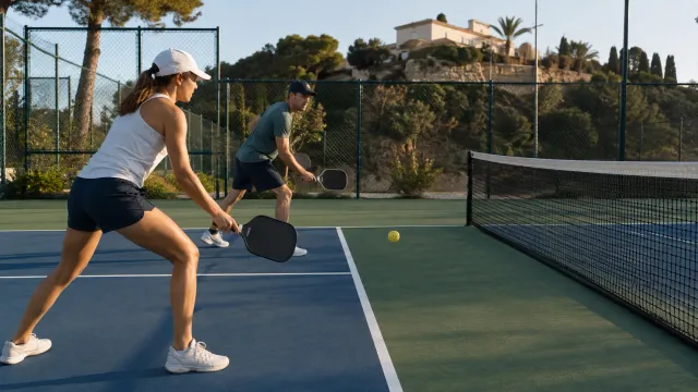 Jugadora de pickleball dinkea junto a la línea de la zona de no volea, con el rótulo pintado en la pista