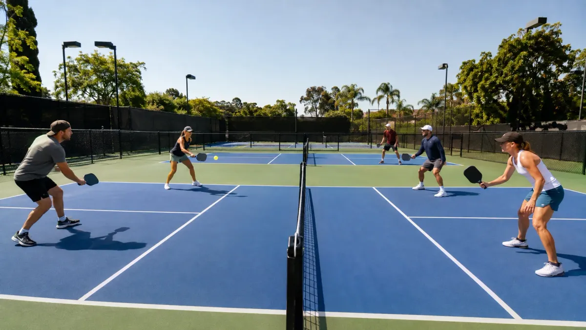 Dos pistas de pickleball al atardecer, una de ellas con red y la otra vista a través del cristal de una pista de pádel