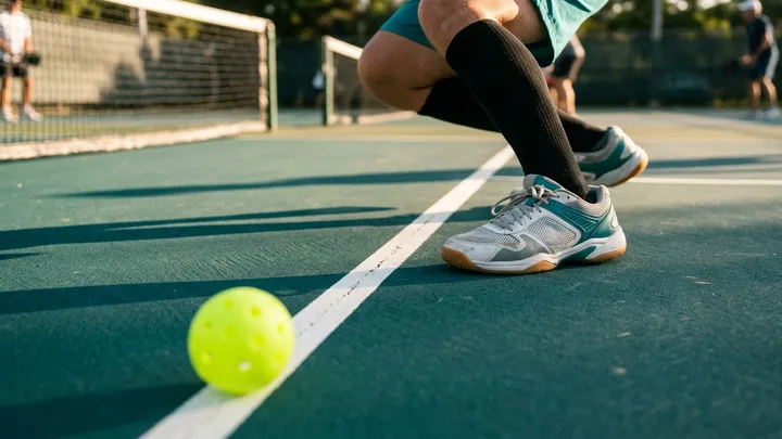 Zapatillas deportivas de pista sobre la superficie azul de una pista de pickleball